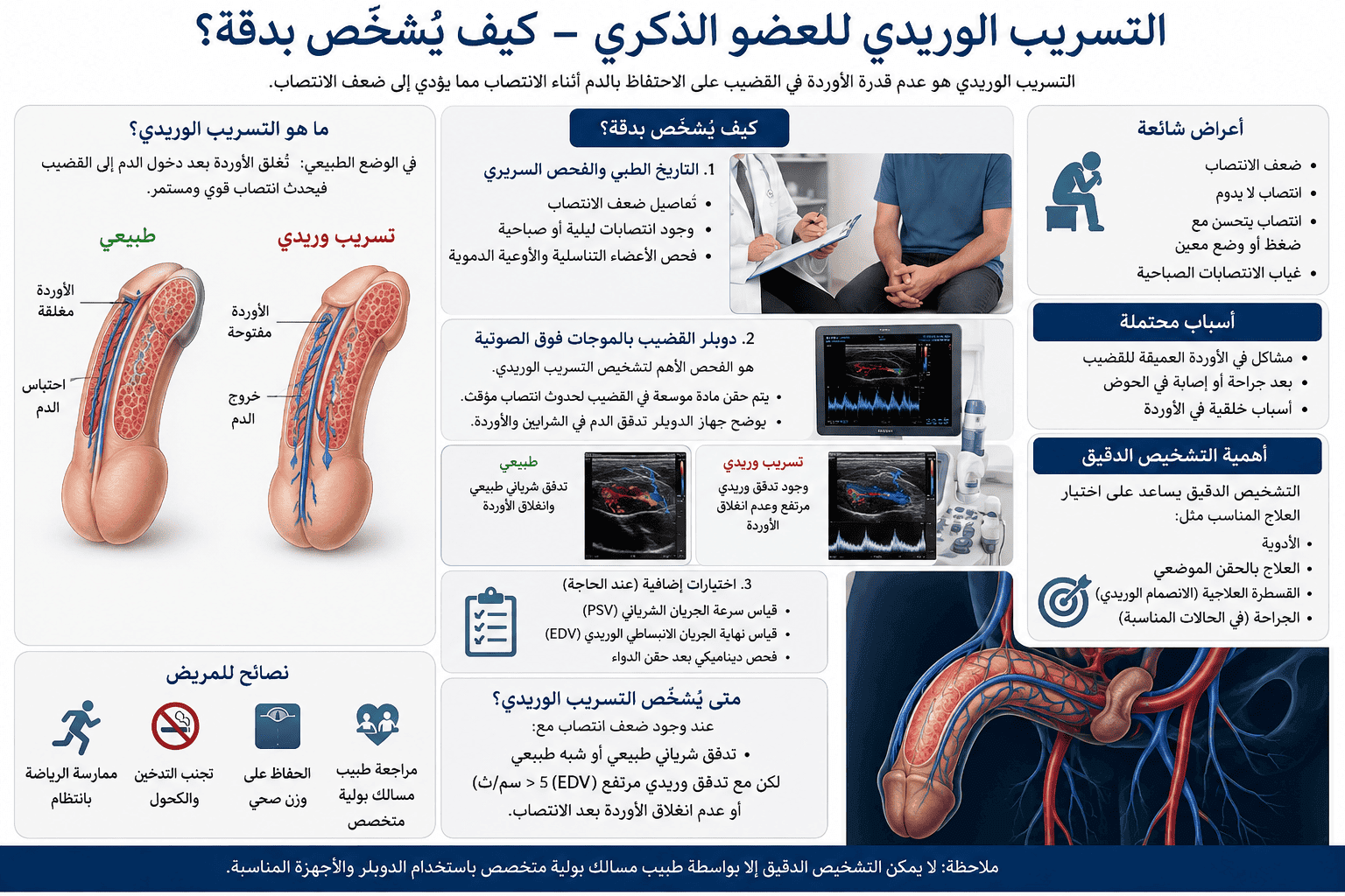 علاج التسريب الوريدي للعضو الذكري بدون جراحة — الدليل الكامل 1 التسريب الوريدي بالصور — كيف يُشخَّص بدقة؟